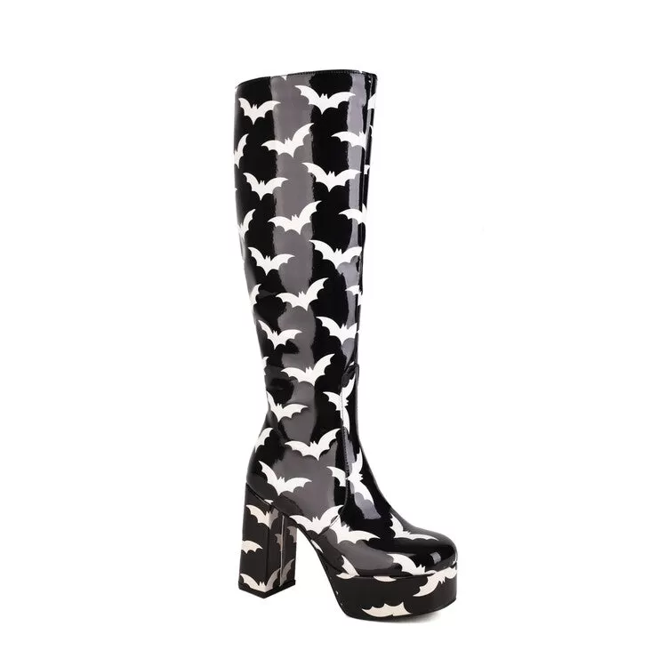 Women's Glossy Round Toe Block Chunky Heel Platform Knee High Boots