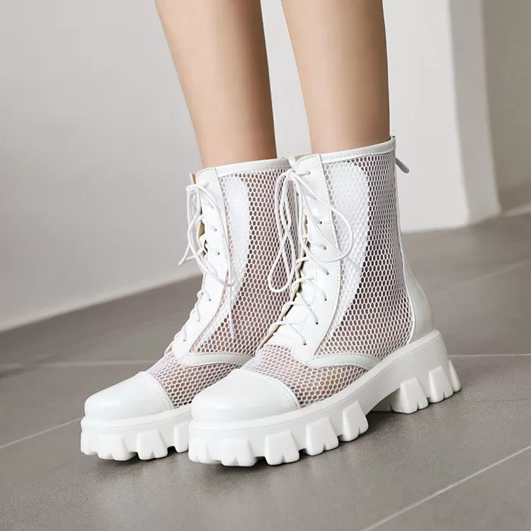 Women's Glossy Round Toe Mesh Lace-Up Block Chunky Heel Platform Short Boots