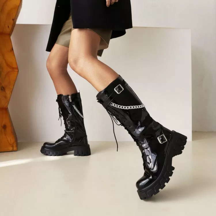 Women's Glossy Round Toe Metal Chains Lace Up Side Zippers Block Chunky Heel Platform Mid Calf Boots