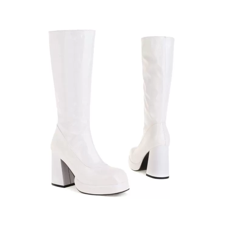 Women's Glossy Square Toe Side Zippers Block Chunky Heel Platform Mid-Calf Boots