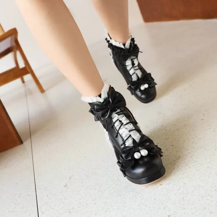 Women's Lace Bow Tie Pearls Block Chunky Heel Ankle Boots