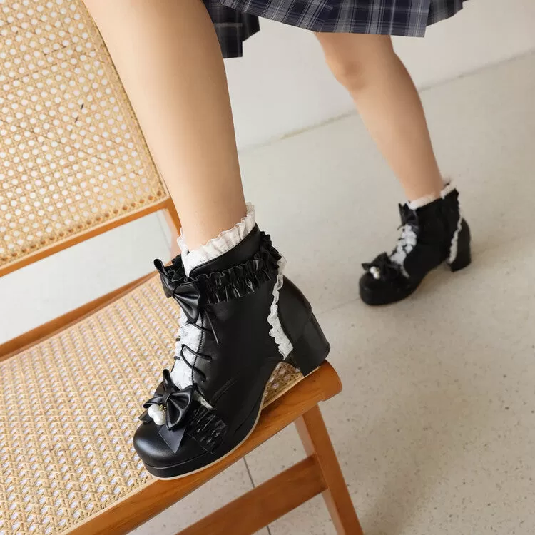 Women's Lace Bow Tie Pearls Block Chunky Heel Ankle Boots