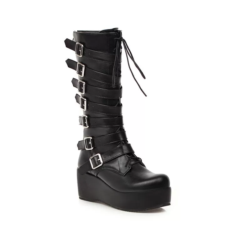 Women's Matte Pu Leather Round Toe Buckle Straps Wedge Heel Platform Mid-calf Boots