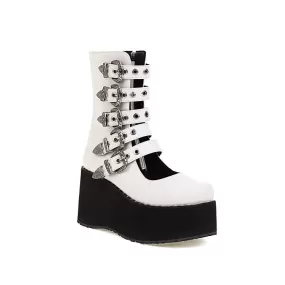 Women's Metal Buckle Straps Wedge Heel Platform Short Boots