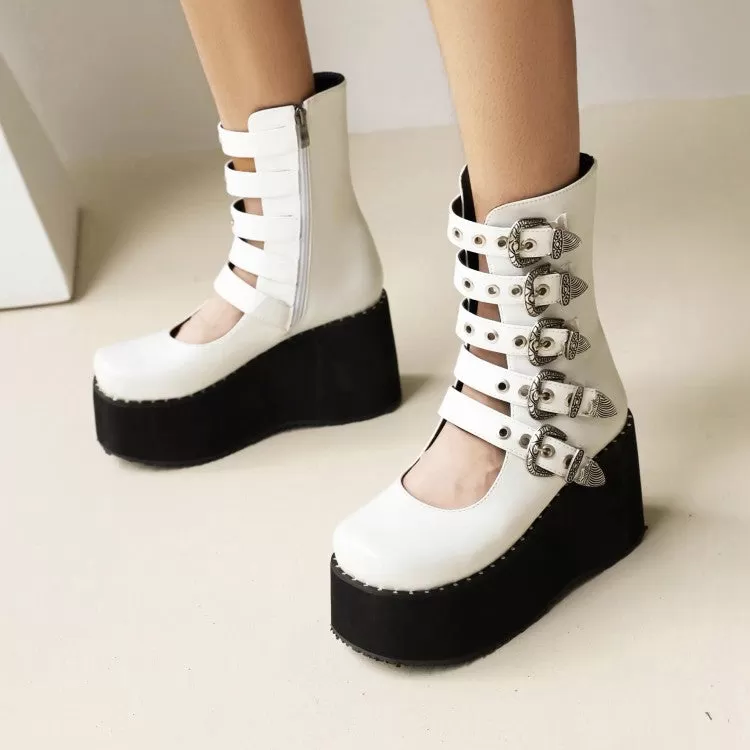 Women's Metal Buckle Straps Wedge Heel Platform Short Boots