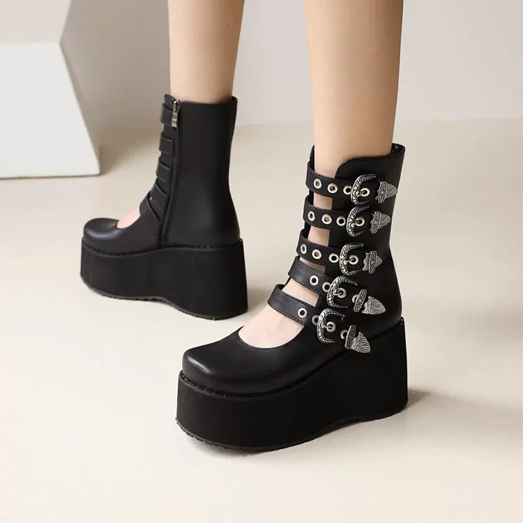 Women's Metal Buckle Straps Wedge Heel Platform Short Boots