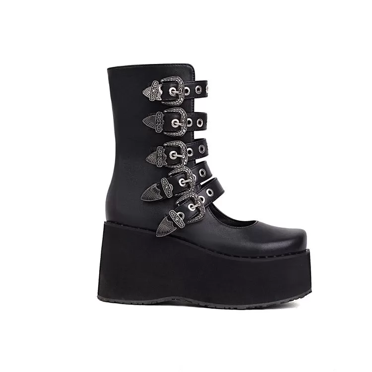 Women's Metal Buckle Straps Wedge Heel Platform Short Boots