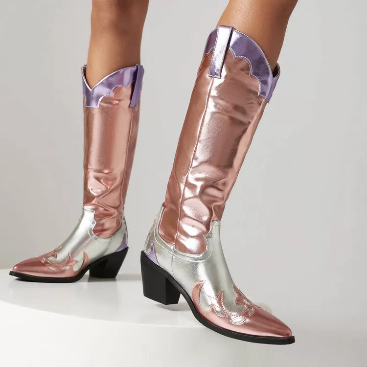 Women's Pointed Toe Beveled Heel Glossy Mid Calf Western Boots