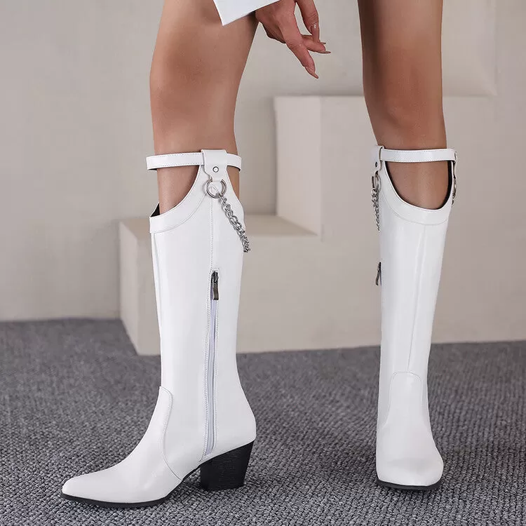 Women's Pointed Toe Buckle Straps Side Zippers Metal Chains Puppy Heel Mid-Calf Boots