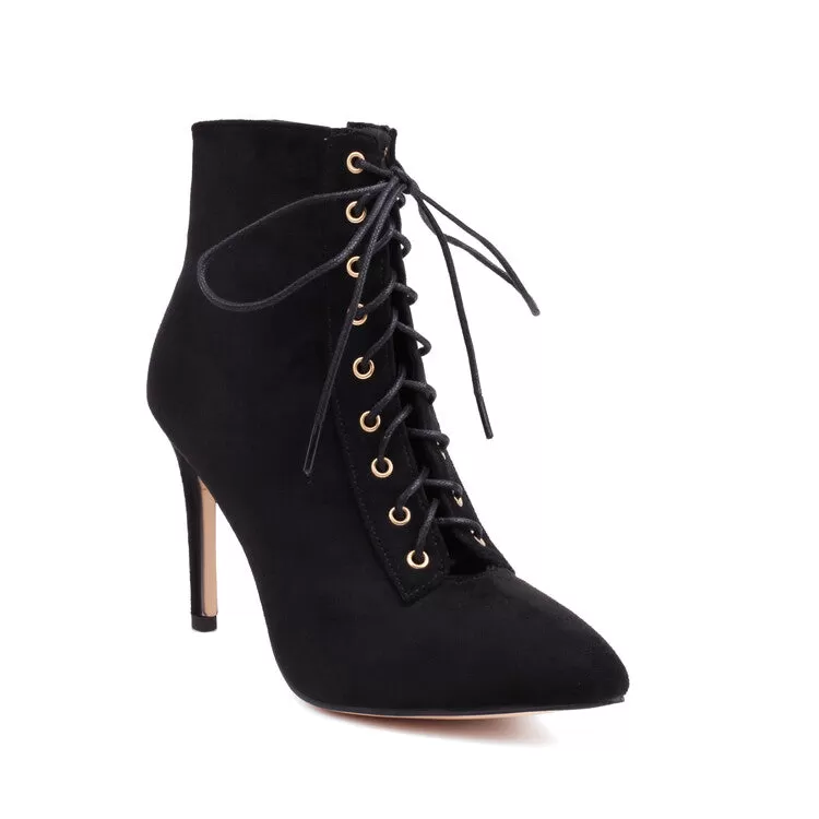 Women's Pointed Toe Lace-Up Side Zippers Stiletto Heel Ankle Boots