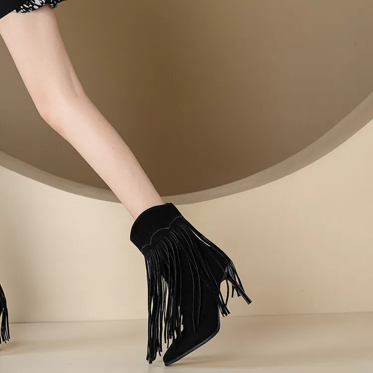 Women's Pointed Toe Tassel Stiletto Heel Mid-Calf Boots