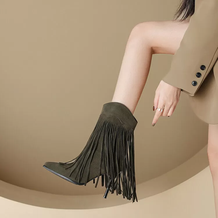 Women's Pointed Toe Tassel Stiletto Heel Mid-Calf Boots