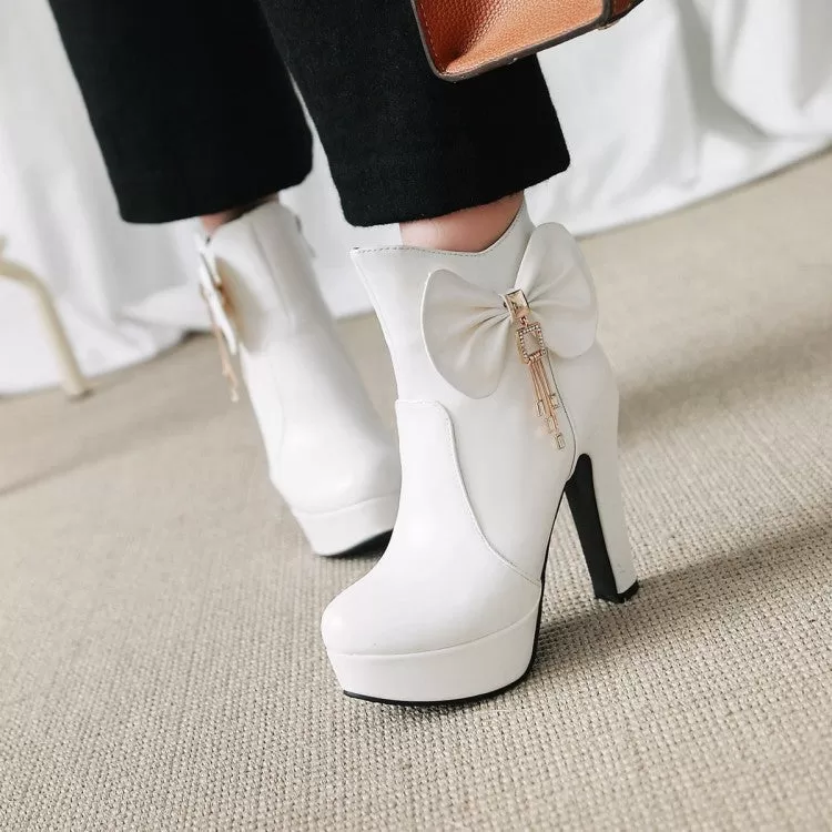 Women's Pu Leather Almond Toe Bow Tie Tassel Block Chunky Heel Platform Short Boots