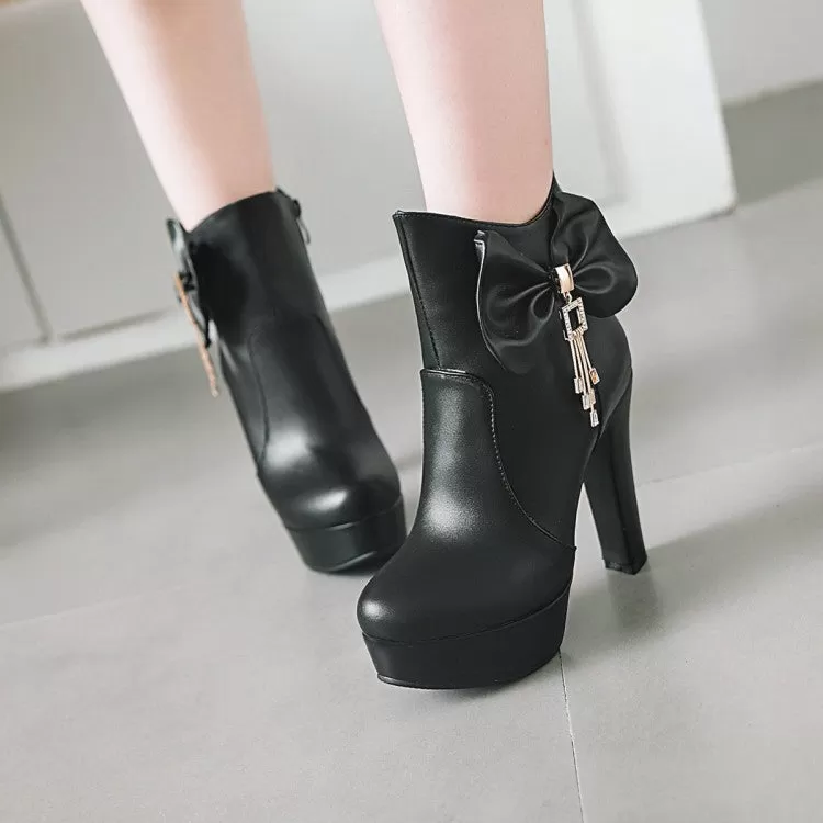 Women's Pu Leather Almond Toe Bow Tie Tassel Block Chunky Heel Platform Short Boots