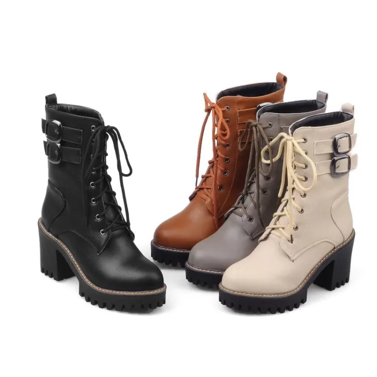 Women's Pu Leather Almond Toe Lace Up Buckle Straps Block Heel Platform Ankle Boots