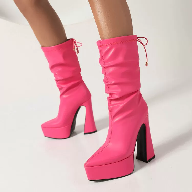 Women's Pu Leather Pointed Toe Back Tied Straps Spool Heel Platform Mid-calf Boots