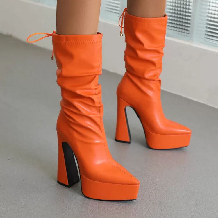 Women's Pu Leather Pointed Toe Back Tied Straps Spool Heel Platform Mid-calf Boots