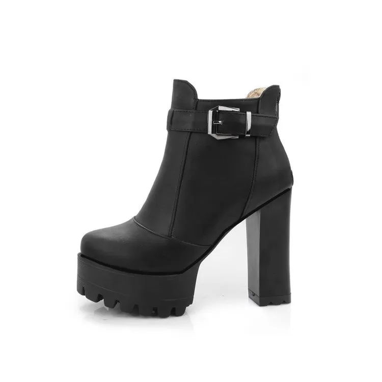 Women's Pu Leather Round Toe Buckle Straps Block Chunky Heel Platform Back Zippers Ankle Boots