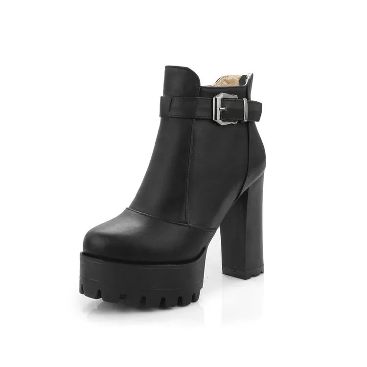 Women's Pu Leather Round Toe Buckle Straps Block Chunky Heel Platform Back Zippers Ankle Boots