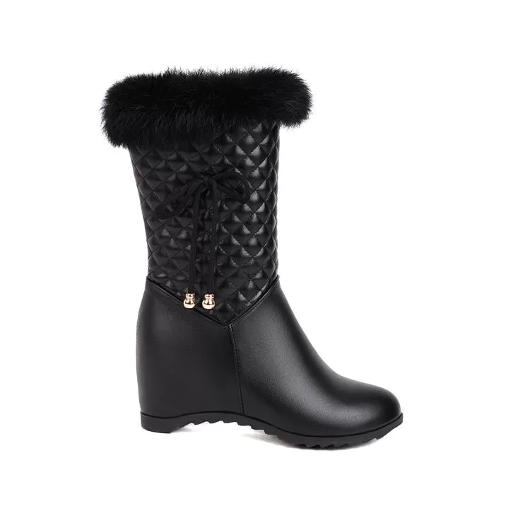 Women's Pu Leather Round Toe Lattice Fur Side Zippers Inside Heighten Mid Calf Boots