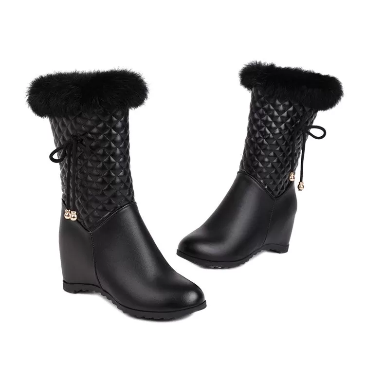 Women's Pu Leather Round Toe Lattice Fur Side Zippers Inside Heighten Mid Calf Boots