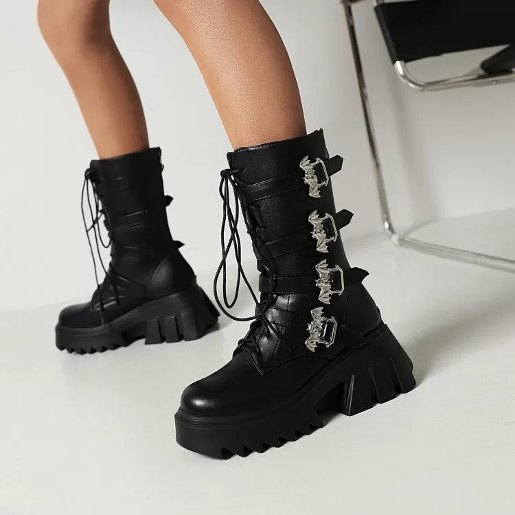 Women's Pu Leather Round Toe Metal Buckle Straps Lace Up Block Chunky Heel Platform Mid-calf Boots