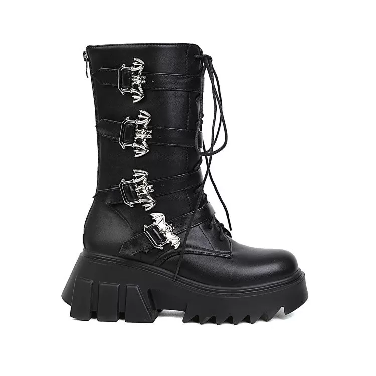 Women's Pu Leather Round Toe Metal Buckle Straps Lace Up Block Chunky Heel Platform Mid-calf Boots