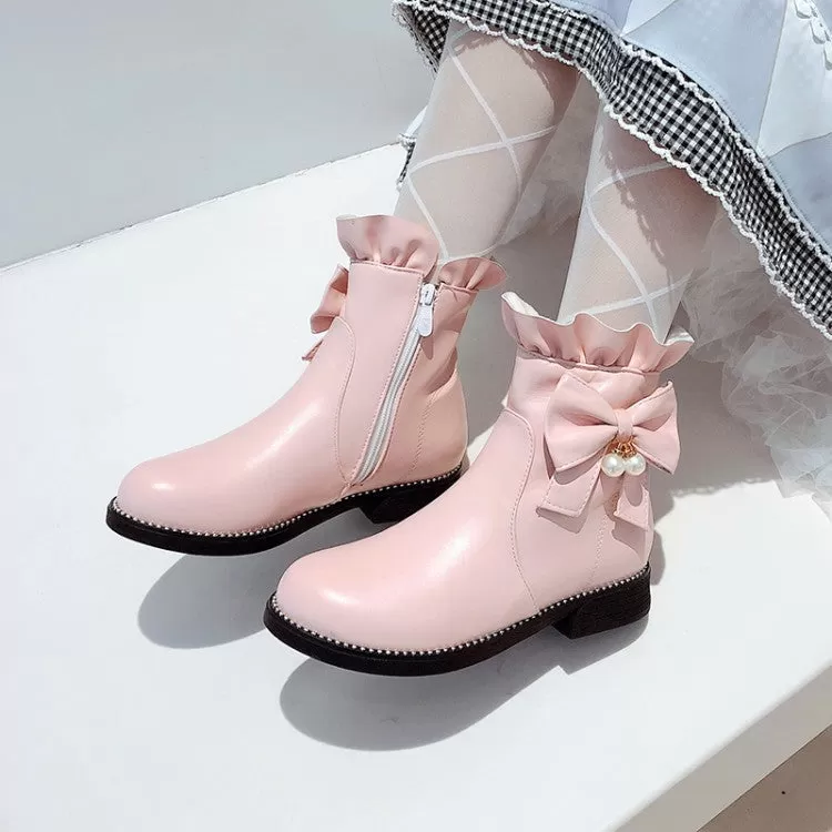 Women's Pu Leather Round Toe Ruffles Pearls Bow Tie Short Boots