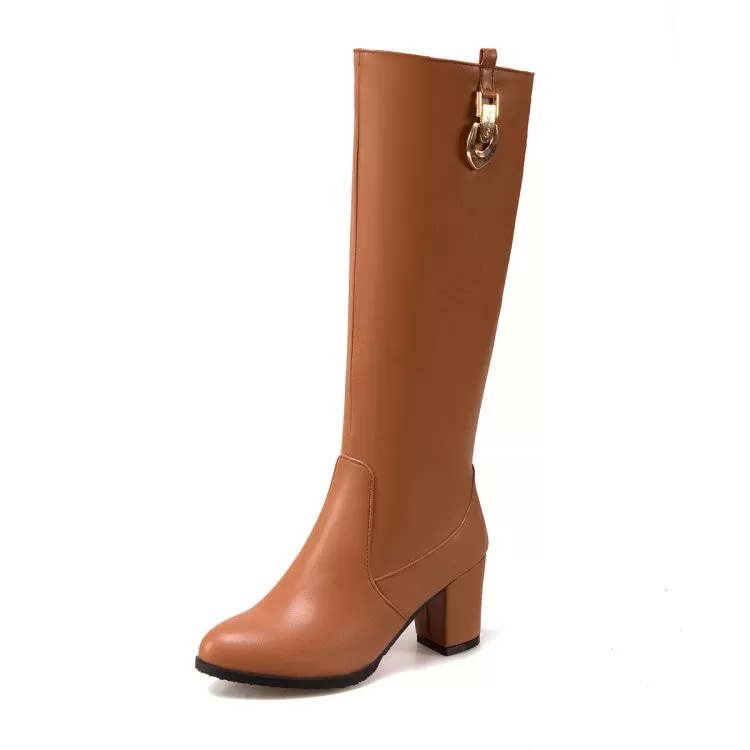 Women's Pu Leather Side Zippers Metal Buckles Block Chunky Heel Knee High Boots