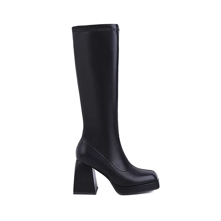 Women's Pu Leather Square Toe Block Chunky Heel Platform Knee High Boots