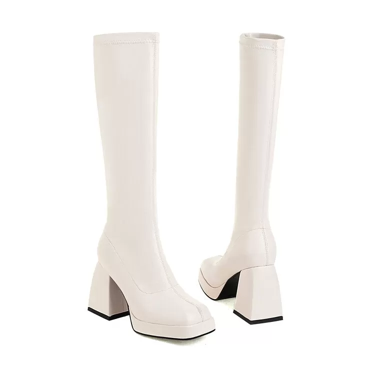 Women's Pu Leather Square Toe Block Chunky Heel Platform Knee High Boots