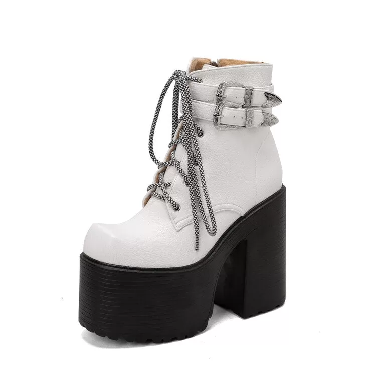 Women's Pu Leather Square Toe Lace Up Buckle Straps Block Chunky Heel Platform Ankle Boots