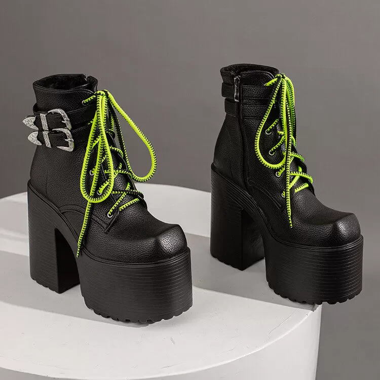 Women's Pu Leather Square Toe Lace Up Buckle Straps Block Chunky Heel Platform Ankle Boots