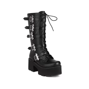 Women's Pu Leather Square Toe Lace Up Buckle Straps Block Chunky Heel Platform Mid-calf Boots