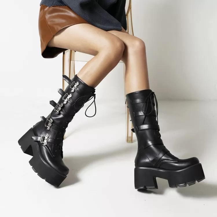 Women's Pu Leather Square Toe Lace Up Buckle Straps Block Chunky Heel Platform Mid-calf Boots