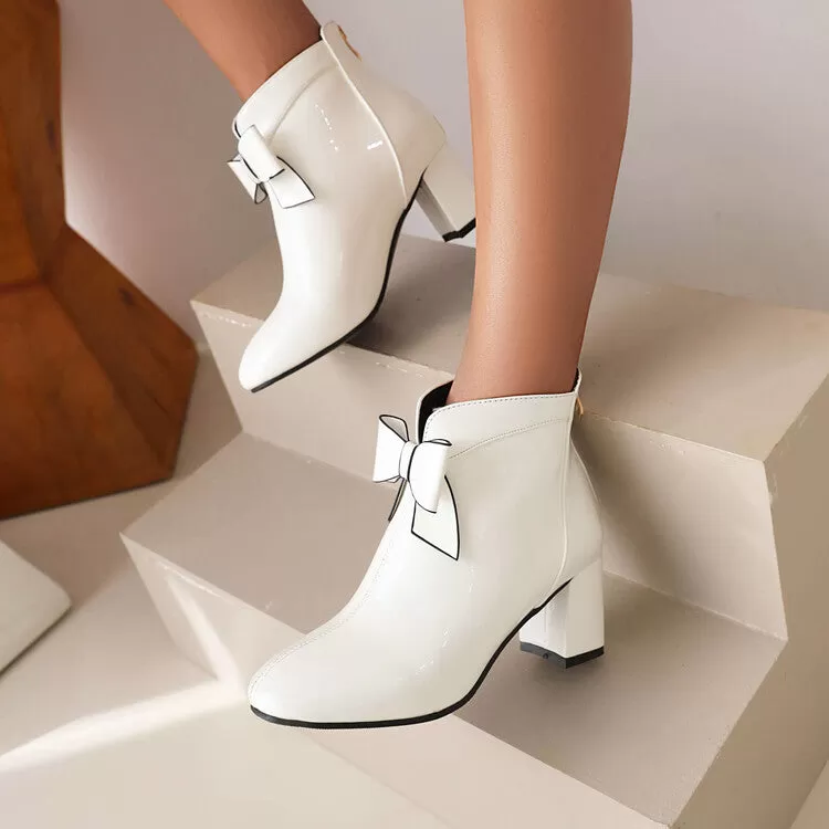 Women's Round Toe Bow Tie Block Chunky Heel Short Boots