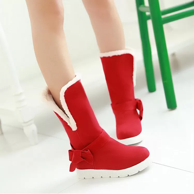 Women's Round Toe Bow Tie Fold Flat Platform Mid-Calf Boots