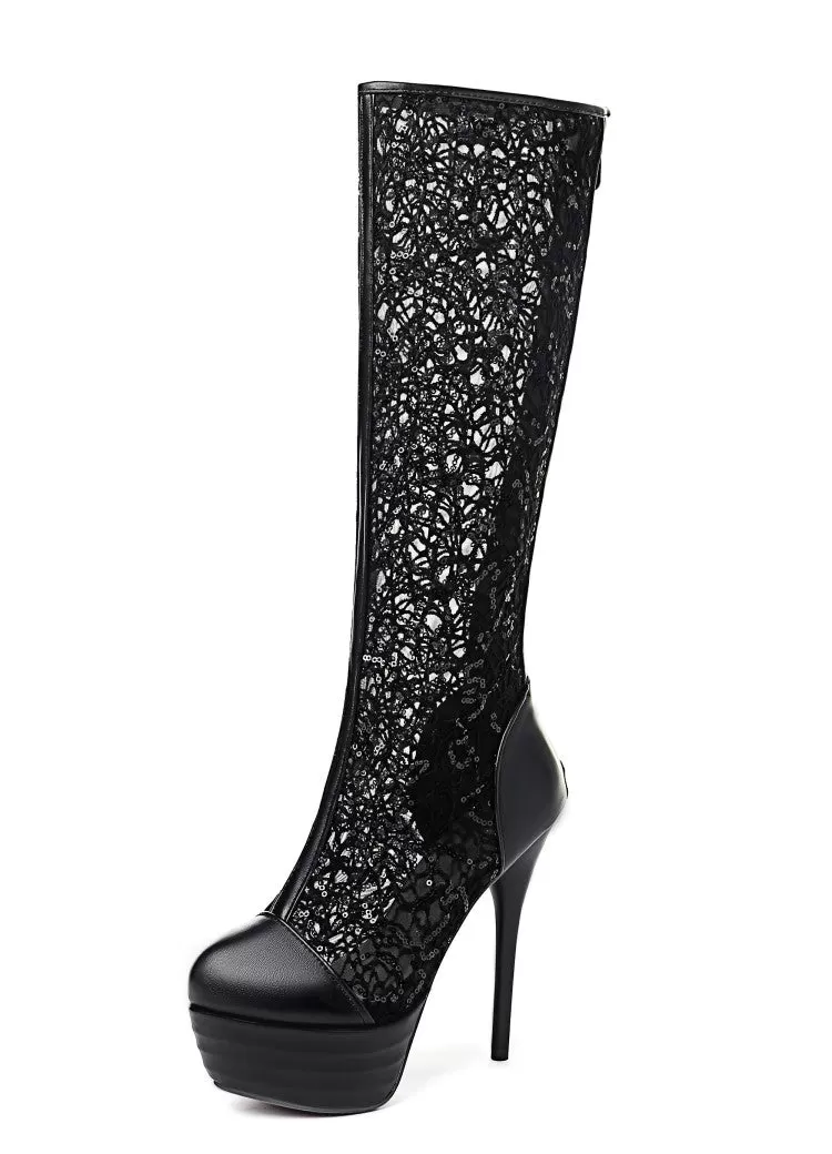 Women's Round Toe Lace Back Zippers Stiletto Heel Platform Mid-Calf Boots