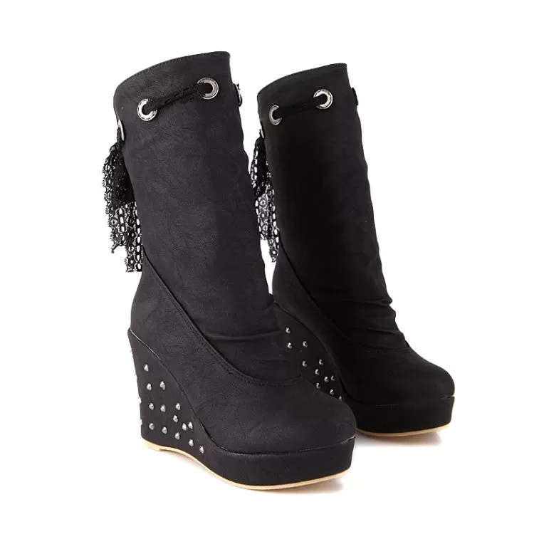 Women's Round Toe Lace Tied Straps Rivets Wedge Heel Platform Mid Calf Boots