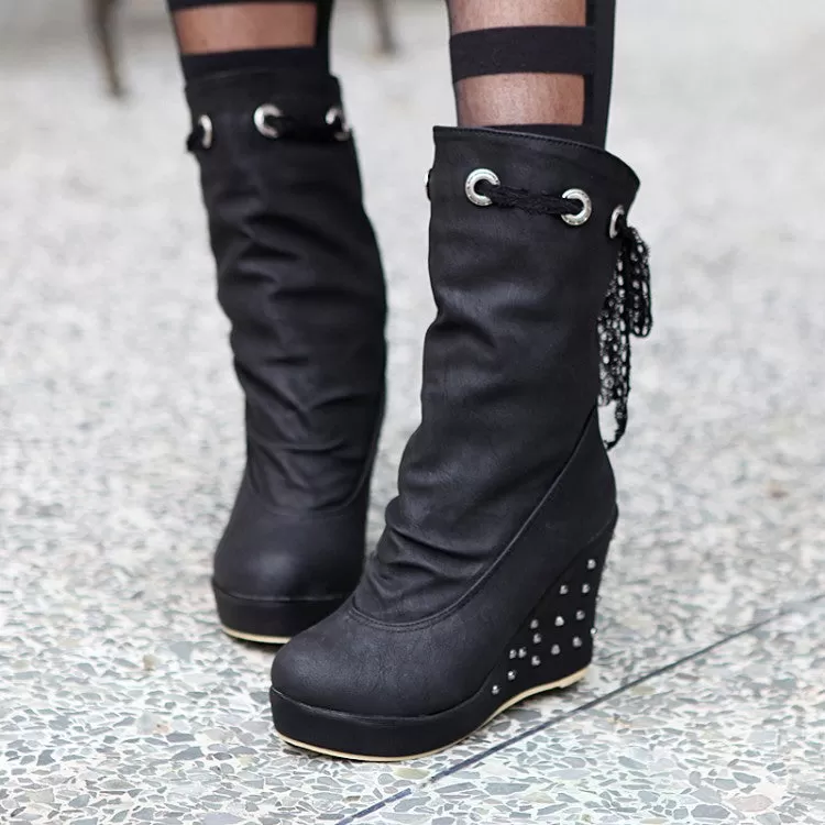 Women's Round Toe Lace Tied Straps Rivets Wedge Heel Platform Mid Calf Boots