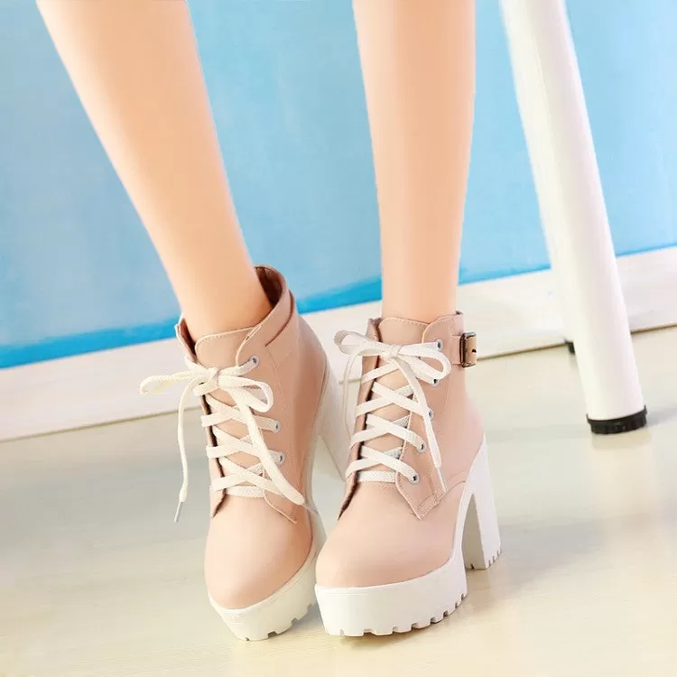 Women's Round Toe Lace-Up Buckle Straps Block Chunky Heel Platform Short Boots