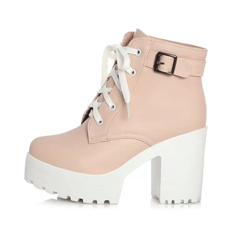 Women's Round Toe Lace-Up Buckle Straps Block Chunky Heel Platform Short Boots