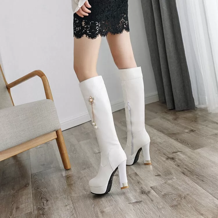 Women's Round Toe Pearls Flowers Spool Heel Platform Knee High Boots