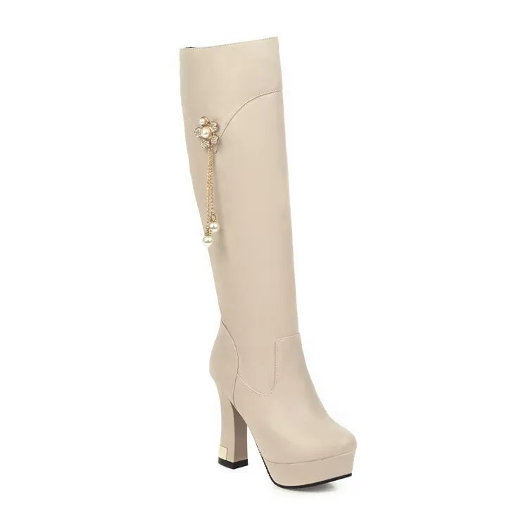 Women's Round Toe Pearls Flowers Spool Heel Platform Knee High Boots