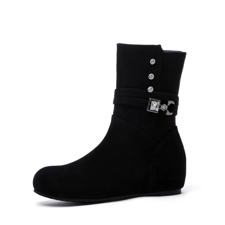 Women's Round Toe Rhinestone Buckles Inside Heighten Mid Calf Boots