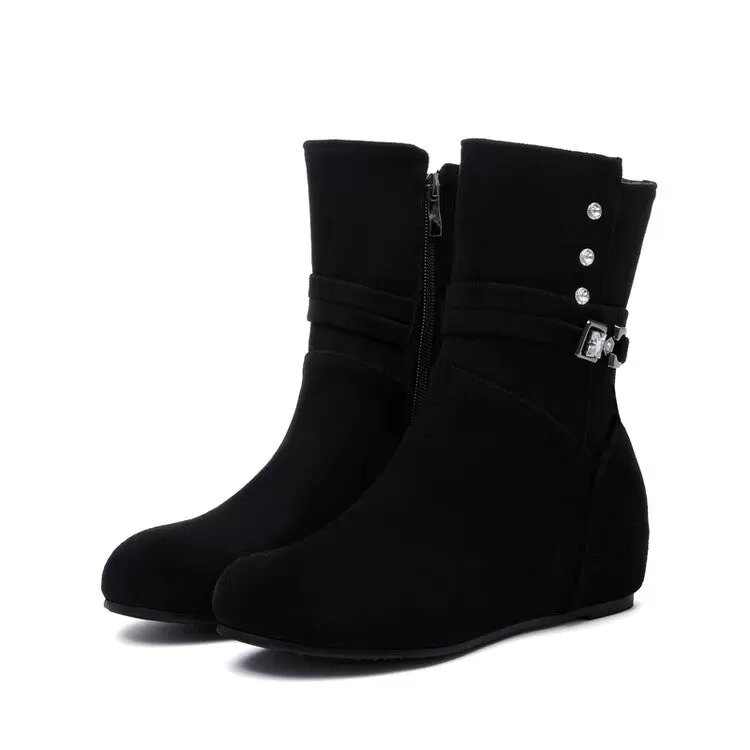 Women's Round Toe Rhinestone Buckles Inside Heighten Mid Calf Boots