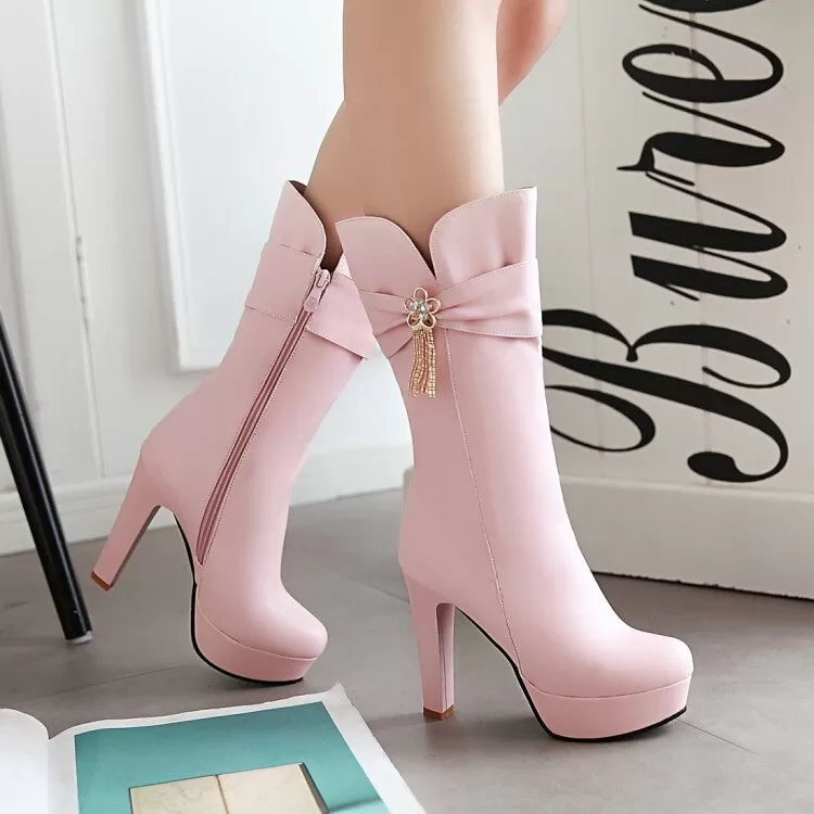 Women's Round Toe Rhinestone Flowers Block Chunky Heel Platform Mid-Calf Boots