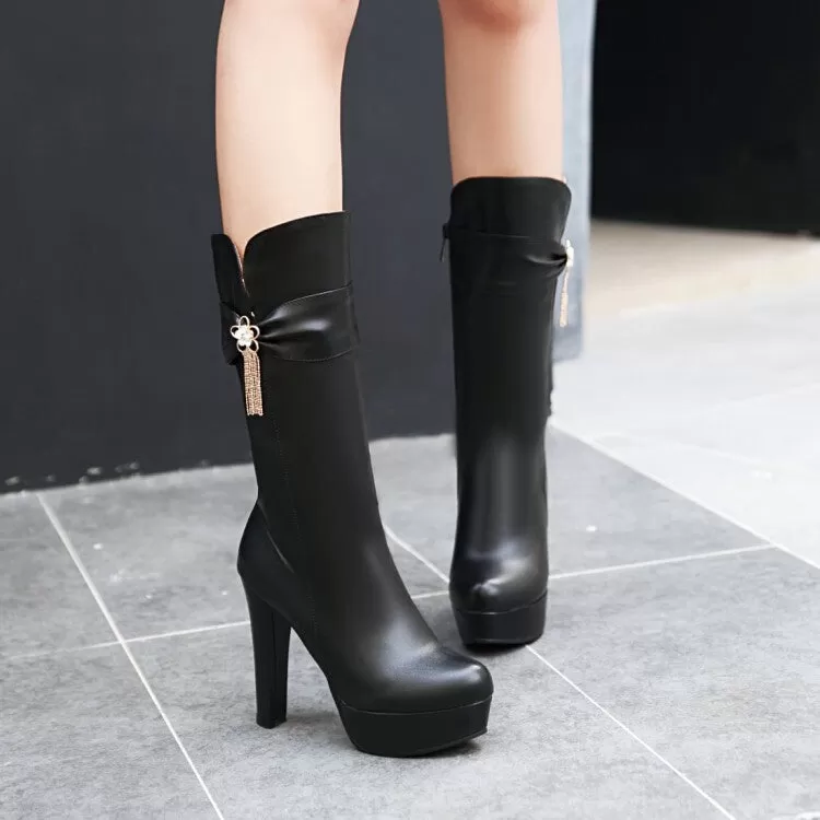 Women's Round Toe Rhinestone Flowers Block Chunky Heel Platform Mid-Calf Boots