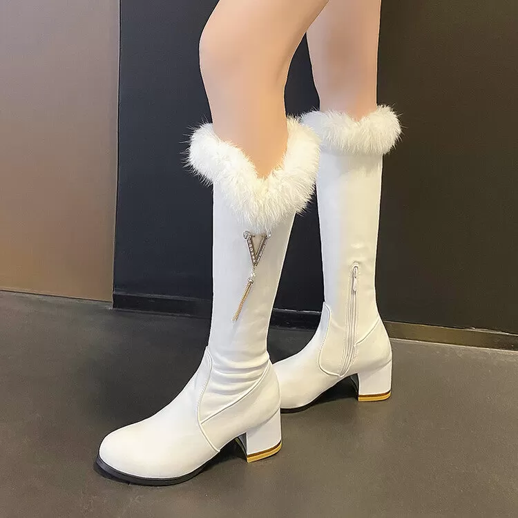 Women's Round Toe Side Zippers Fur Block Chunky Heel Knee-High Boots