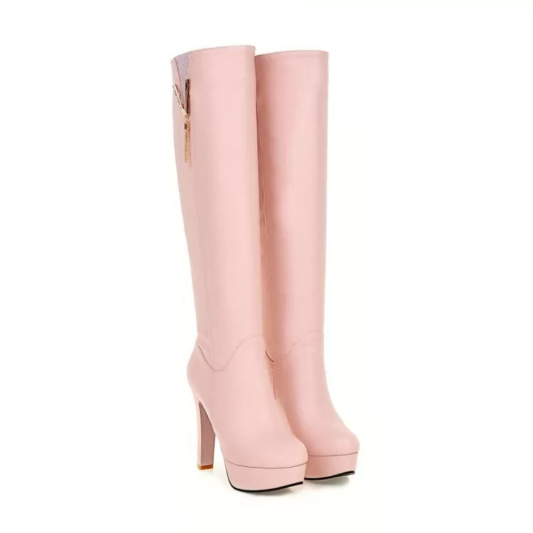 Women's Round Toe Tassel Block Chunky Heel Platform Knee High Boots